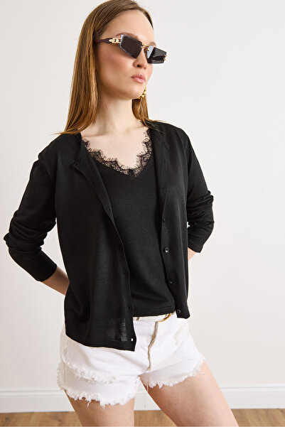 Olalook Women's Black Lace Blouse Detailed Viscose Cotton Seasonal Cardigan H...