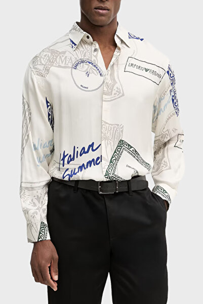 Emporio Armani Patterned Relaxed Fit Classic Collar Long Sleeve Shirt Men's S...