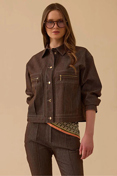 SEÇİL Kadın Fermuar Detaylı Bel Boy Jean Ceket - Kahverengi