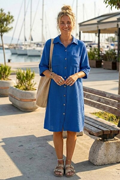 Chiccy Saks Blue Shirt Collar Short Sleeve Buttoned Double Pockets Casual Mus...