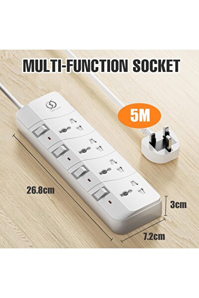 İNFLUX Extension Cord with 4-Outlet - 5 Meter Multi Plug Extension Cable