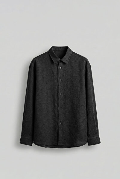 ablukaonline Men's Oversize Jacquard Patterned Long Sleeve Shirt Black