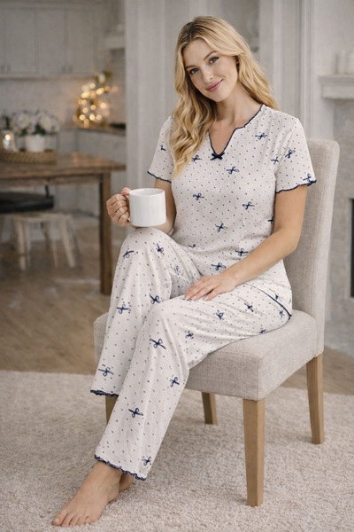 FORVENS Bow Patterned Ribbed Cotton Short Sleeve Pajama Set