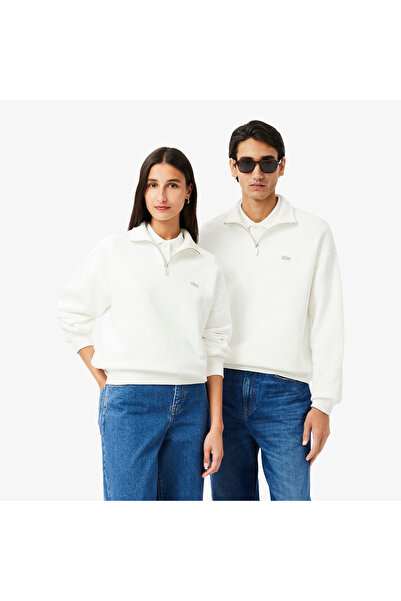 Lacoste Unisex Loose Fit Yarım Fermuarlı Beyaz Sweatshirt