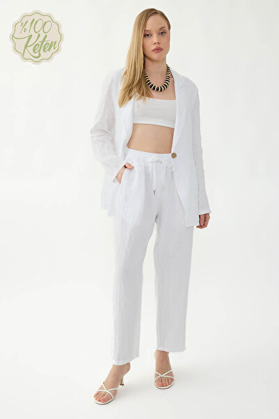 Vitrin 100% Linen Wide-Leg Trousers with Elastic Waist and Pockets