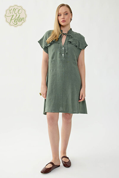 Vitrin 100% Linen Baby Collar Buttoned Short Sleeve Dress