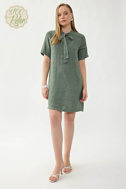 Vitrin 100% Linen Collared Short Sleeve Dress