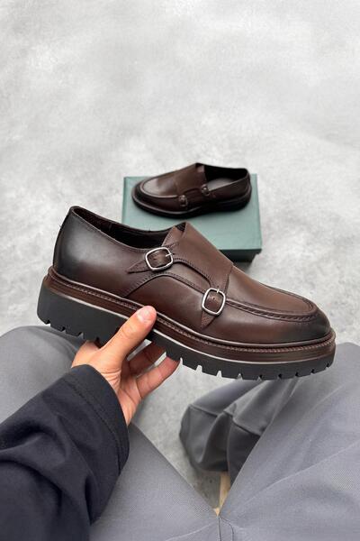 Flaw Wear Vibram Sole Double Buckle Leather Loafer Shoes Brown