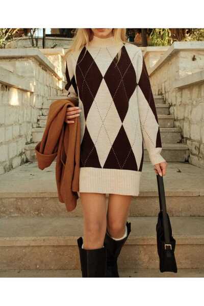 EKİN DEMİR Hakim Yaka Bakvala Patterned Comfortable Fit Knitwear Mini Dress