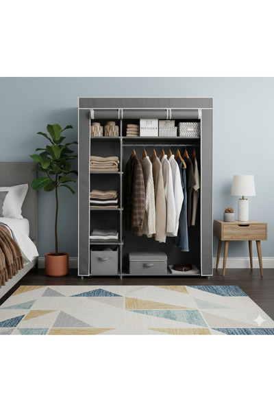 Missidea Elit Yandan Raflı Bez Dolap | Metal İskeletli Gardırop