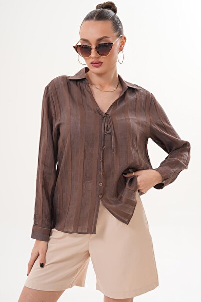 soi fashion Stripe Patterned Collared Shirt with Laces