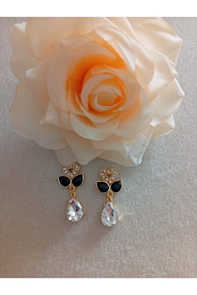 Pervin Ablacım Heart Black and White Stone Hanging Handmade Earrings Steel