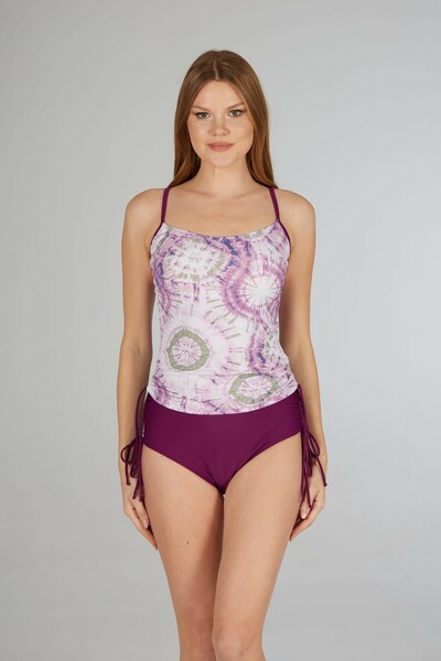 Estiva Kadın Batik Desenli Mürdüm Emprime Şortlu İnce Askılı Tankini