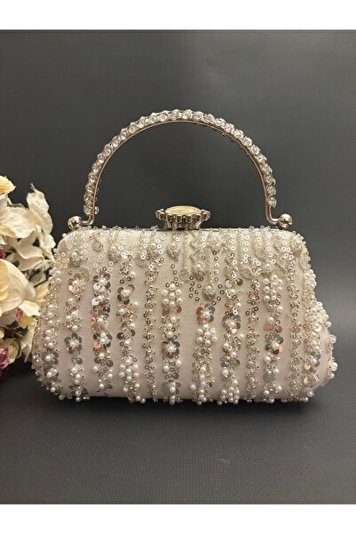 Ceylan Abiye Çanta - Ekru Renk Boncuklu ve Pullu Abiye Çanta