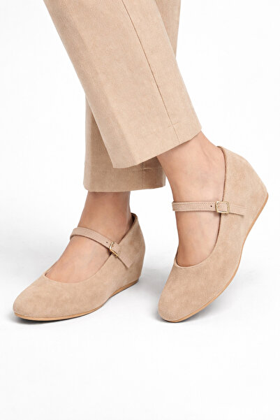 CİMİLİ SHOES حذاء باليه نسائي من الجلد السويدي البني بكعب مخفي من الداخل بارت...