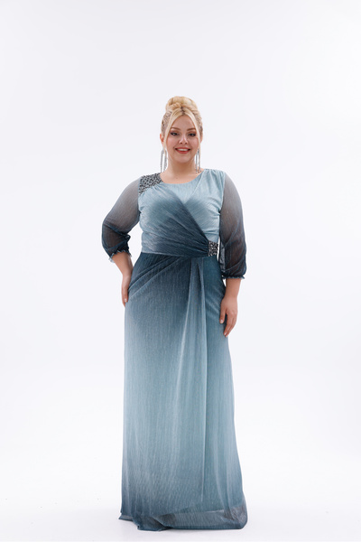 BDM Exclusive Simli Şifon Drapeli Taş Detaylı Büyük Beden Abiye Elbise