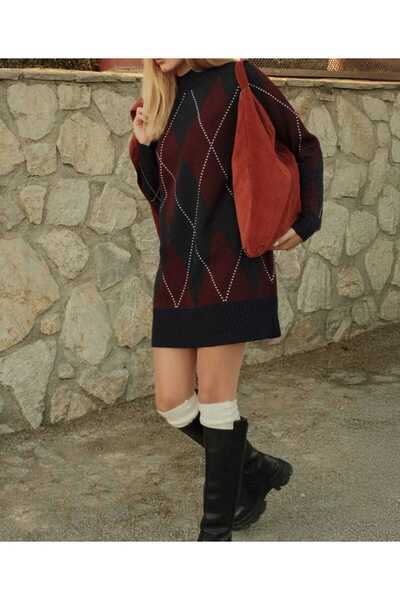 EKİN DEMİR Hakim Yaka Bakvala Patterned Comfortable Fit Knitwear Mini Dress