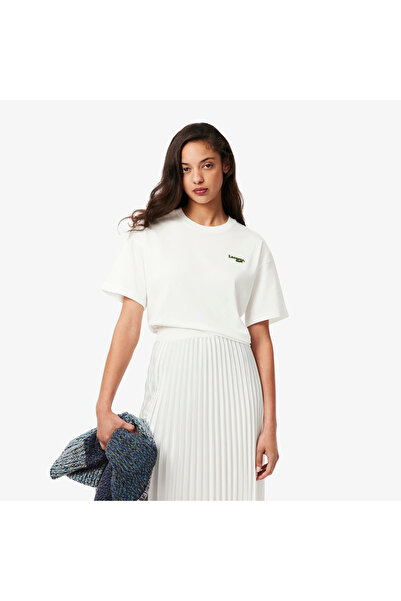 Lacoste Kadın Relaxed Fit Bisiklet Yaka Beyaz T-Shirt
