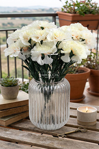 Yapay Çiçek Deposu Artificial Flower 7-Piece Carnation Flower Bunch 40 cm Cream