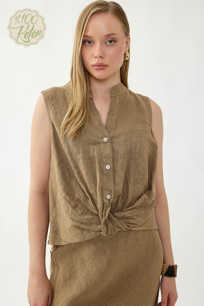 Vitrin 100% Linen Button Front Gathered Blouse