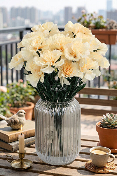 Yapay Çiçek Deposu Yapay Çiçek 7li Karanfil Çiçeği Demeti 40 cm Pastel Sarı
