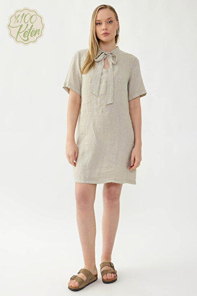 Vitrin 100% Linen Collared Short Sleeve Dress