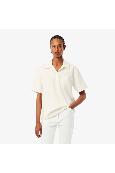 Lacoste Kadın Oversize Fit Kısa Kollu Polo Yaka Denim Beyaz Gömlek