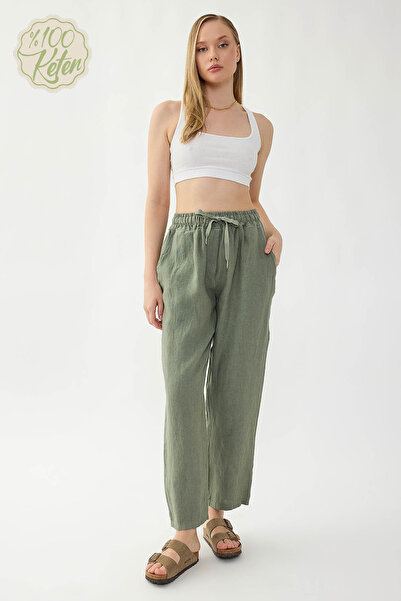 Vitrin 100% Linen Wide-Leg Trousers with Elastic Waist and Pockets