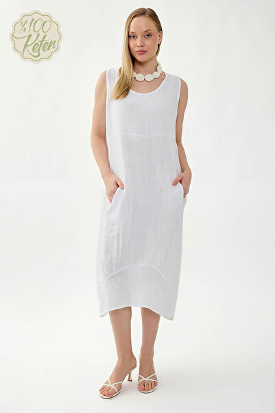 Vitrin 100% Linen Round Neck Zero Sleeve Dress with Pockets