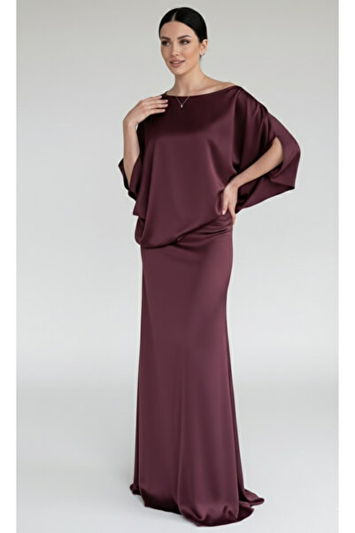 My Blog Plum Shoulder Draped Satin Blouse Skirt Set - 8005