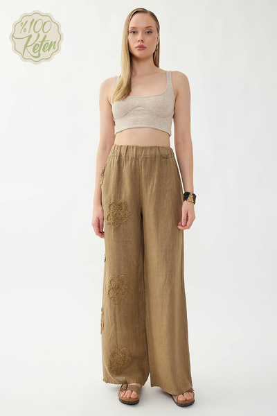 Vitrin 100% Linen Elastic Waist Floral Motif Trousers