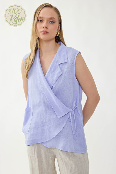 Vitrin 100% Linen Double-Breasted Collared Tie-Back Blouse