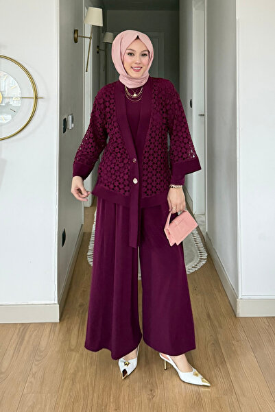 Tesettür Diyarı Virela Sendy Fabric Cardigan 3-Piece Hijab Set - Burgundy