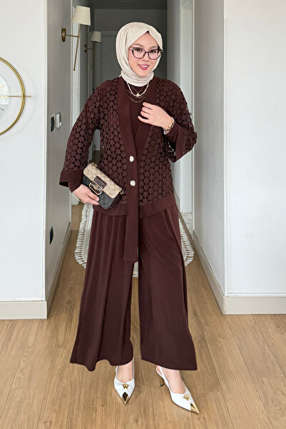 Tesettür Diyarı طقم حجاب فيرلا سيندي من القماش مكون من 3 قطع - بني