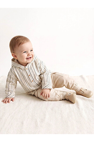 LC Waikiki Lcw Baby Ecru Striped Baby Boy Hooded Top and Pants Set