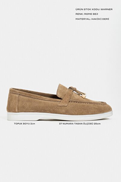 NİŞANTAŞI SHOES Warner Rome Bej Hakiki Süet Deri Metal Aksesuar Detay Düz Taban Kadın Loafer