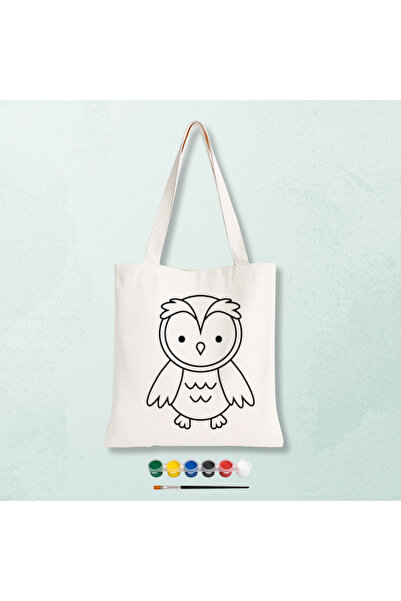 Baykuş Desenli Boyalı Boyanabilir Bez Çanta 35x40 cm - Çocuk Aktivite ve Boyama Seti