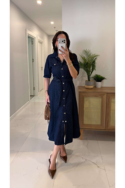 BİRCANÇİL Butre Dark Blue Short Sleeve Belted Dress