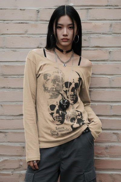 Köstebek Beige Gothic Skulls Strap Y2K Long Sleeve Crop