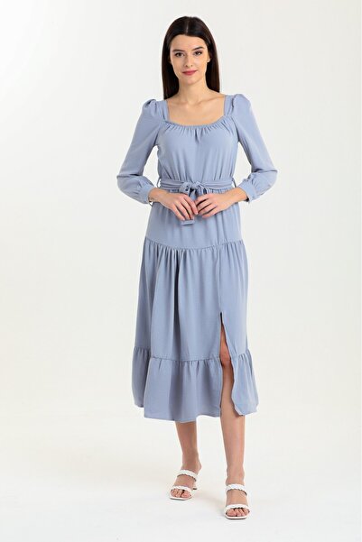 Alışveriş Sokağı Beli Belted Square Neck Summer Slit Dress