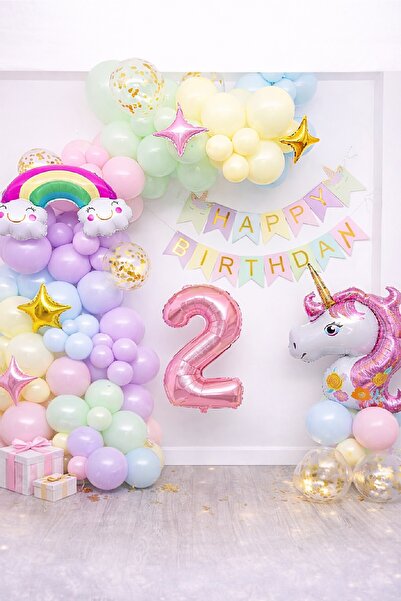 BKMC PARTY Yaş Balonlu Unicorn Temalı Pastel Doğum Günü Süsleme Seti Balon Zi...