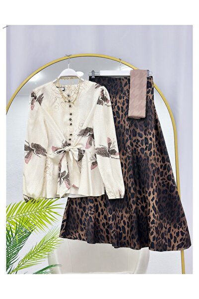 YEDİLALE Leopard Print Satin Blouse and Flawed Skirt Two-Piece Set [Excluding...