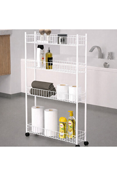 EVA METAL TASARIM Tekerlekli Raf Ünitesi 4 Katlı Mutfak Rafı Banyo Rafı Banyo...