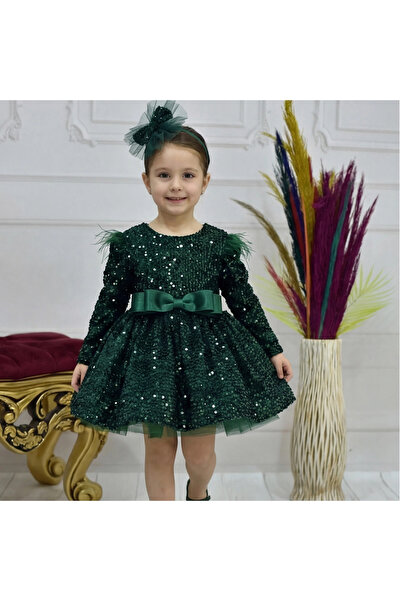 ELLUSSİ Kız Çocuk Zümrüt Yeşili Payetli Ön Dekolteli Kol Tüy Detaylı Uzun Kol...