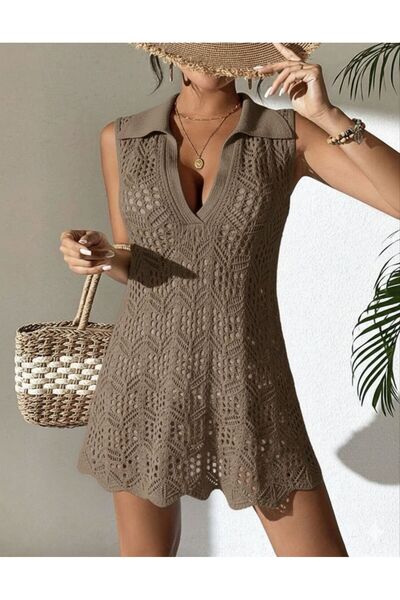MODA MHE Women's Ultra Light Openwork Knitwear Pareo Dress Summer Thin Sleeve...