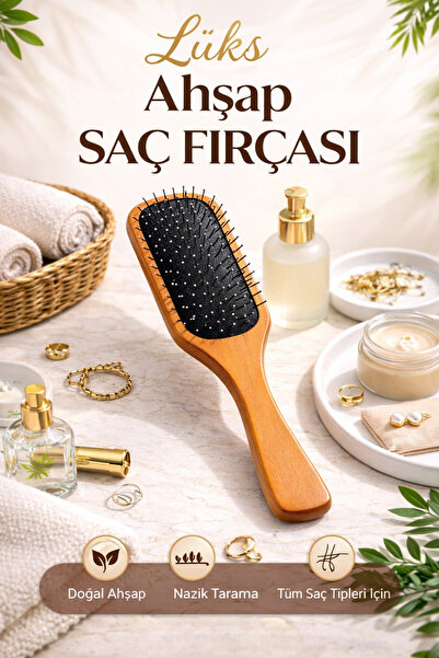 Wellasya Doğal Bambu Saç Tarağı Metal Uçlu Masaj Etkili Fırça