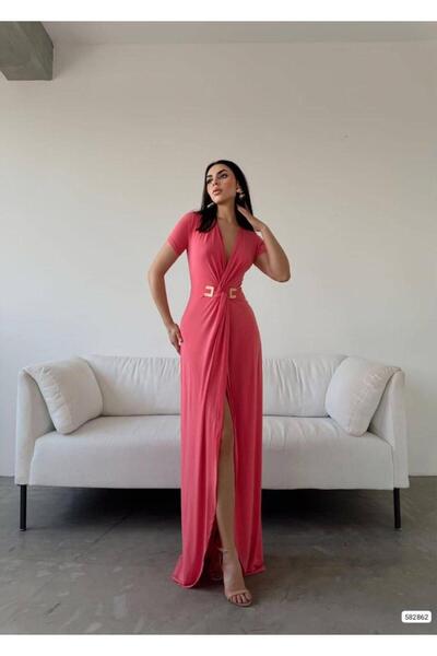 Modafeminen Flexible Sandy Fabric Deep V-Neck Slit Short Sleeve Maxi Evening ...