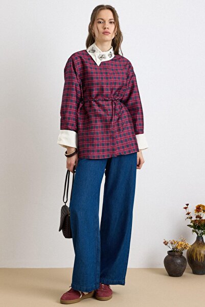 Olcay Stone Detailed Plaid Patterned Shirt Bordo 9422