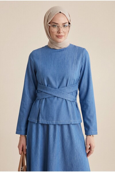 Modamorfo Round neck, criss-cross waist, skirted bodysuit - blue