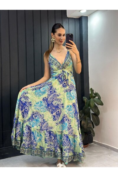 YNSGİYİM Yns Bohemi̇an Back Elastic Patterned Dress Bohem Authentic